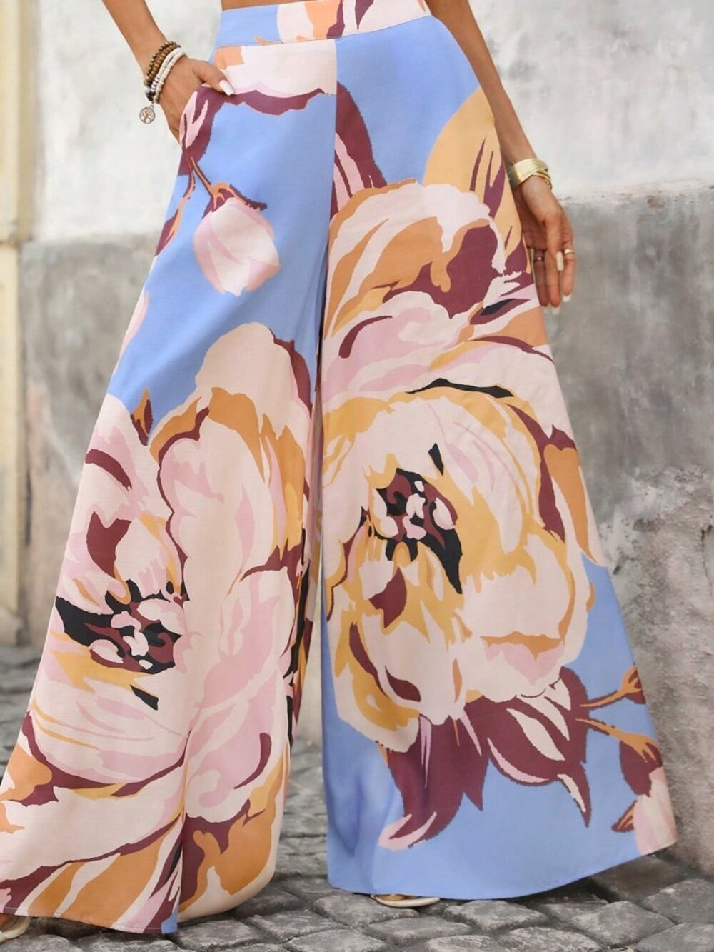 Blue Boho Women's Casual Floral Loose Wide-Leg Pants with Side Pockets - Picture 3 of 7